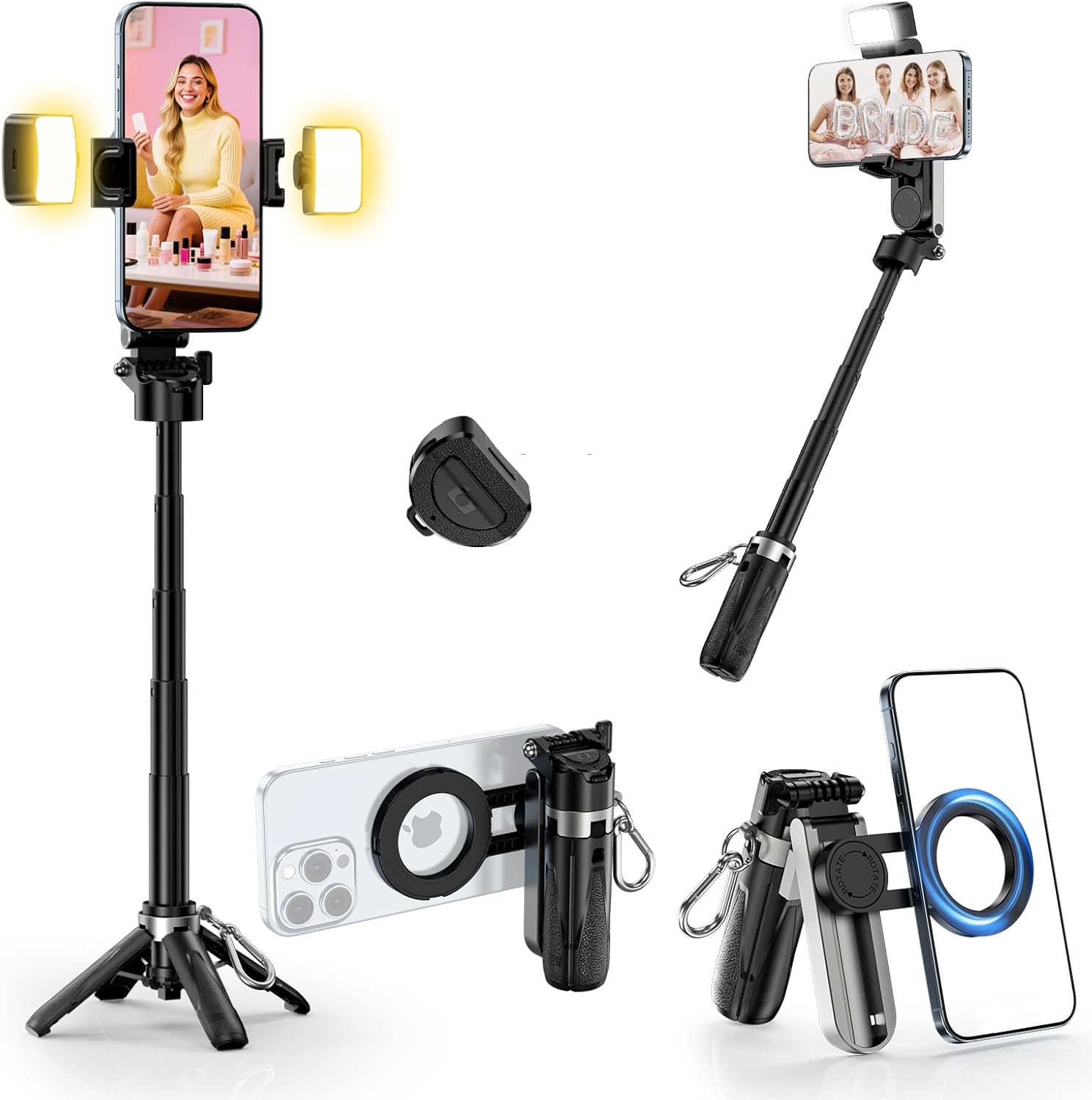 CloudValley Magnetic Mini Selfie Stick Tripod with 2 Fill Lights, 3-in-1 Pocket Size Phone Tripod with 360° Rotation, Foldable Grip, Detachable Bluetooth Remote
