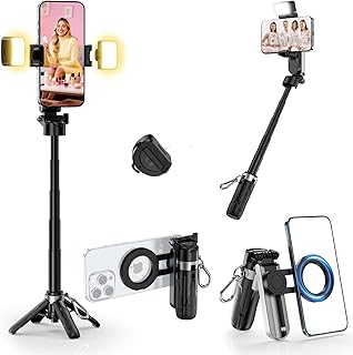 CloudValley Trípode Selfie Stick Magnético Mini con 2 Luces LED, Palo 4 en 1 de Bolsillo para Teléfono Móvil, Rotación 360°, Soporte Plegable con Mando Bluetooth para iPhone Android Video Foto