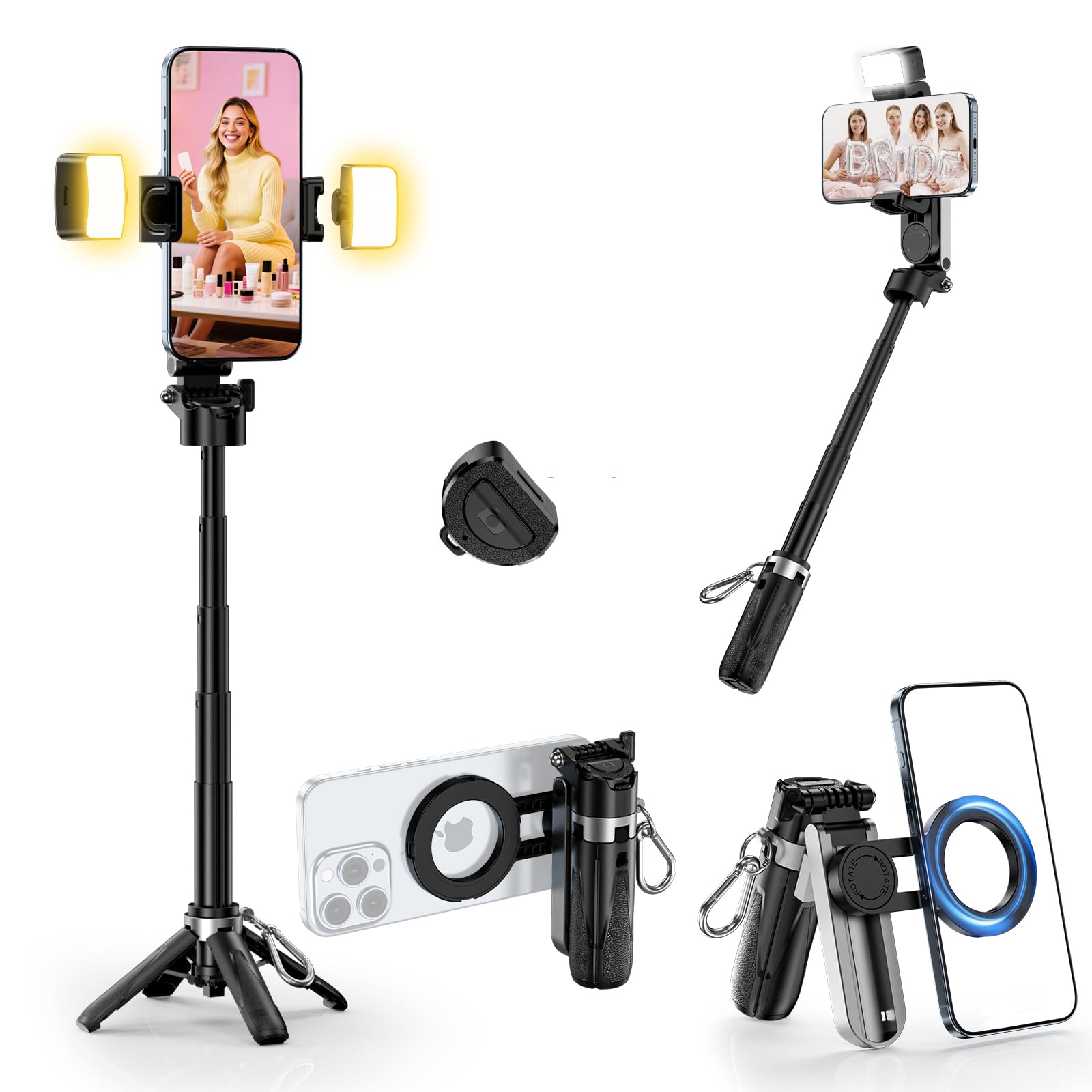 CloudValley Bastone Selfie Magnetico Mini con Treppiede e 2 Luci LED, Cavalletto Smartphone 4 in 1 Portatile con Rotazione 360°, Telecomando Bluetooth per iPhone Android Foto/Video/Vlog