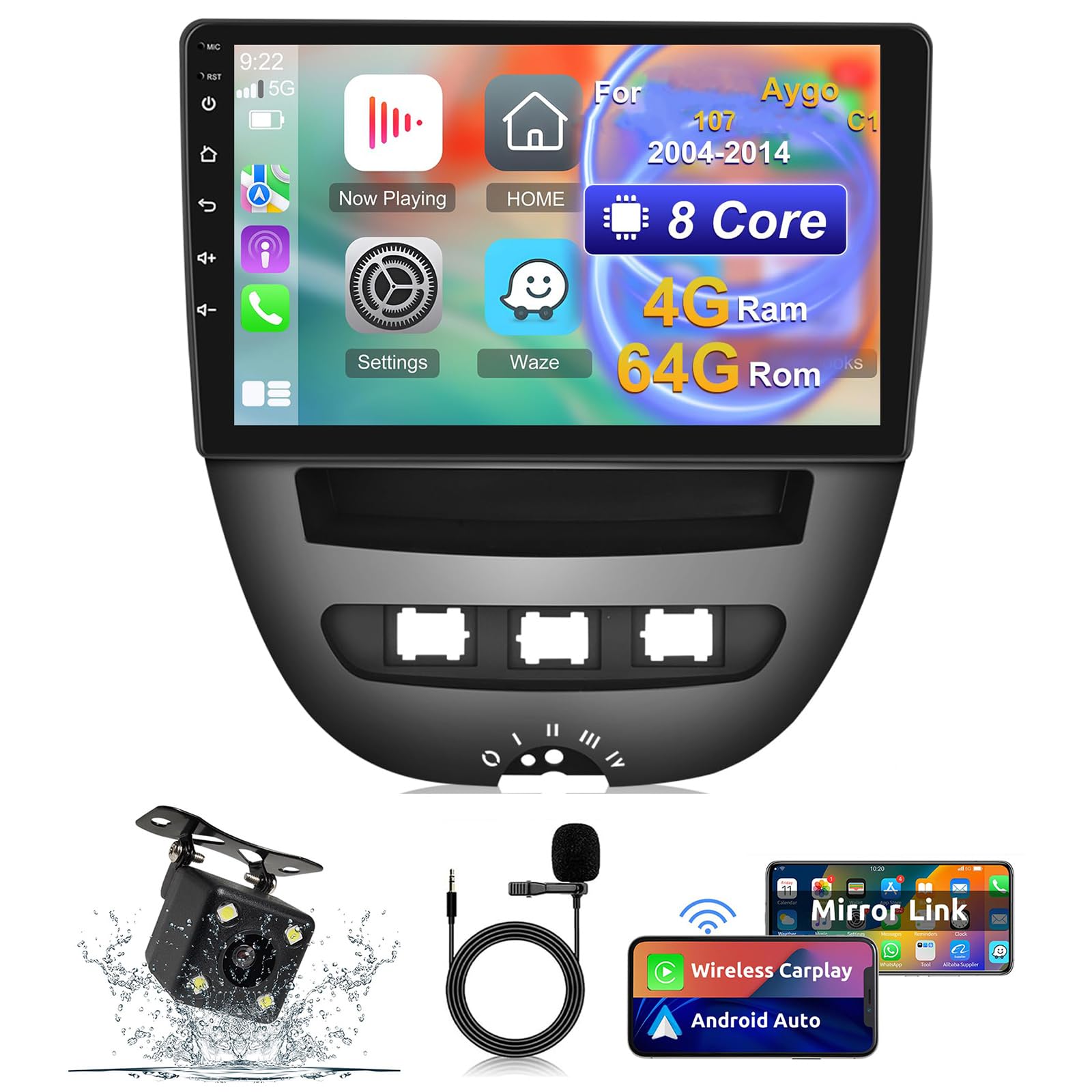 Radio de coche Android 4G+64G para Aygo y C1 con cámara trasera de 4LED 8