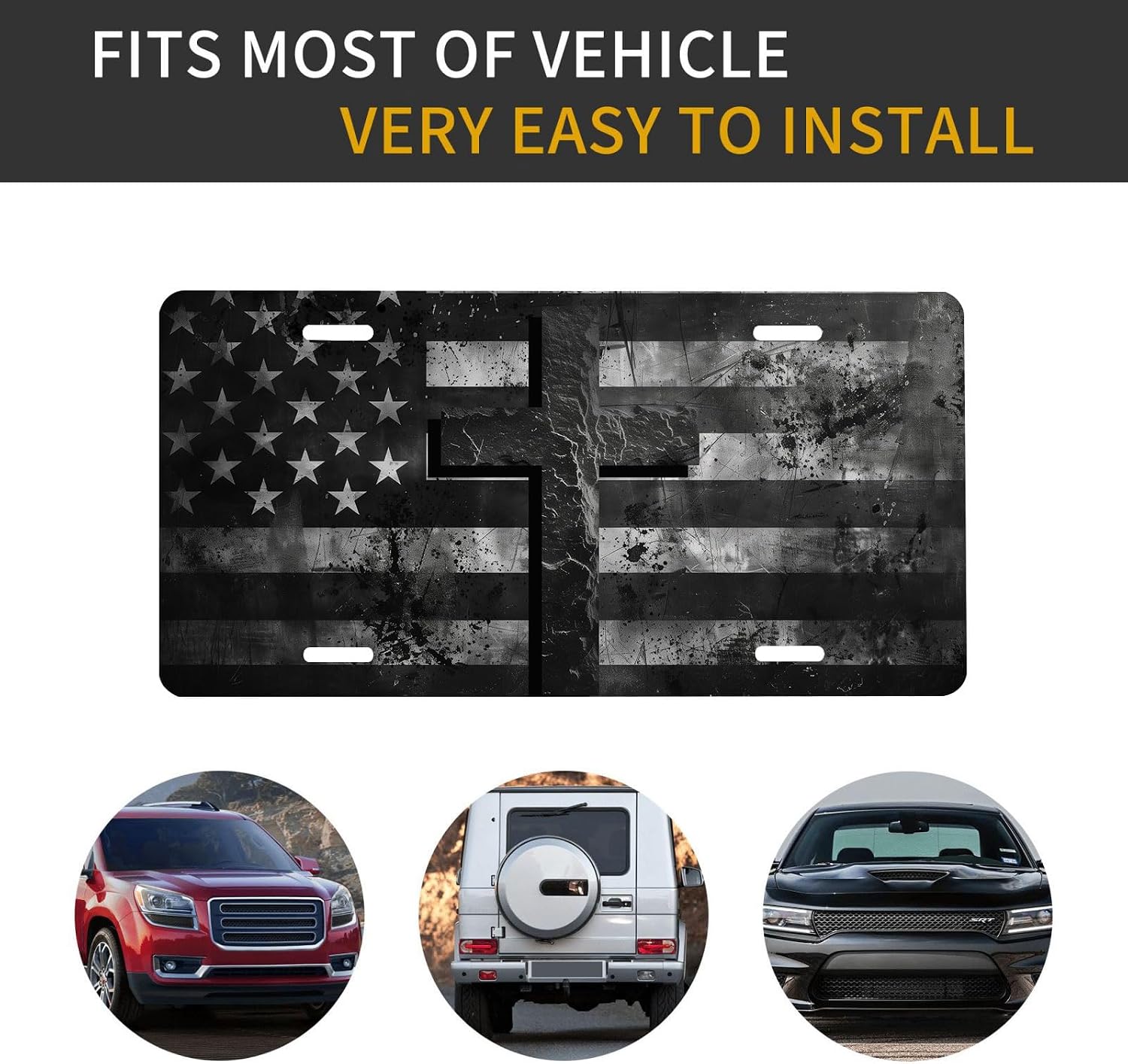 American Flag Cross Front License Plate for Women Black White USA Flag Car Plates Decorative Aluminum Metal Cute Novelty License Plate Cover for Men 6x12 Inch (4 Holes)