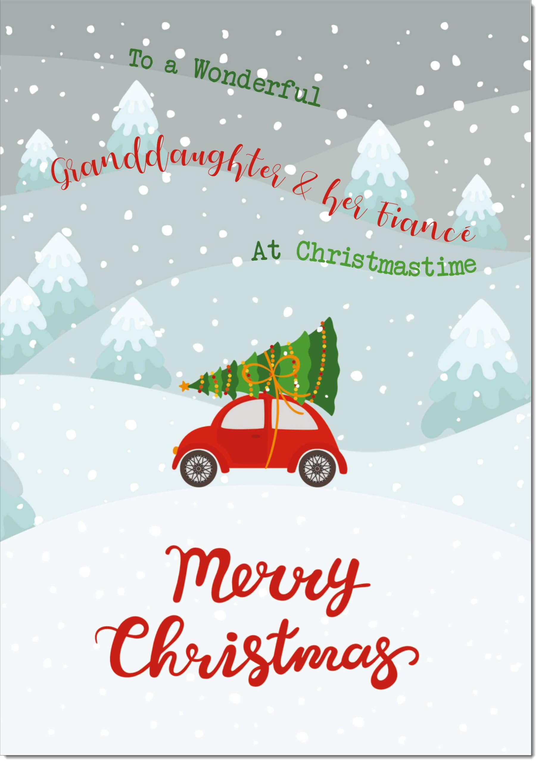 doodlecards Granddaughter and Fiance Christmas Card Christmas Tree on Car Large A4 Size Christmas Card for Granddaughter & Fiance with Plain Envelope โ image 1