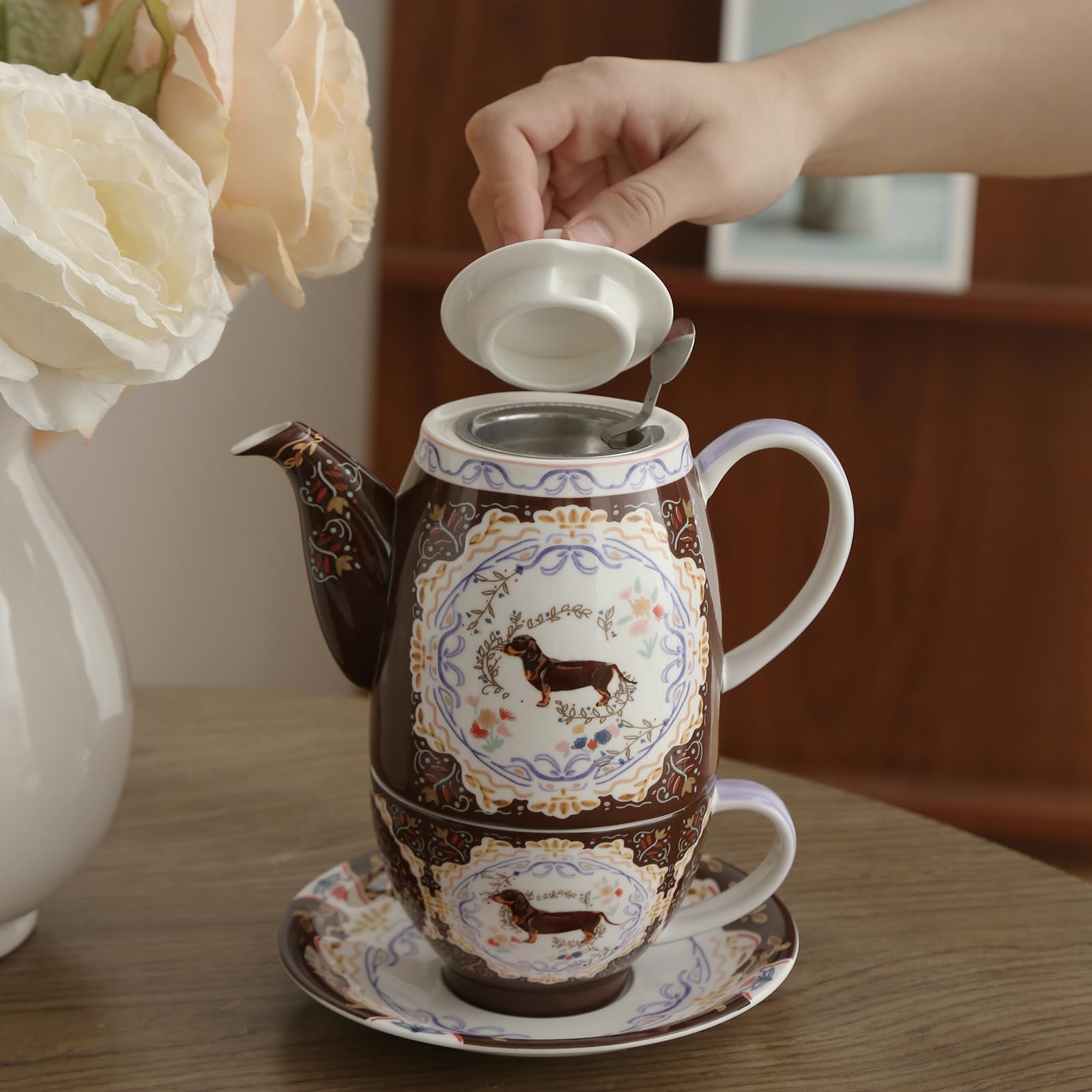 London Pottery Set di teiera, teiera e servizio per uno, in porcellana fine, con motivo animalier, tazza e piattino (cane)