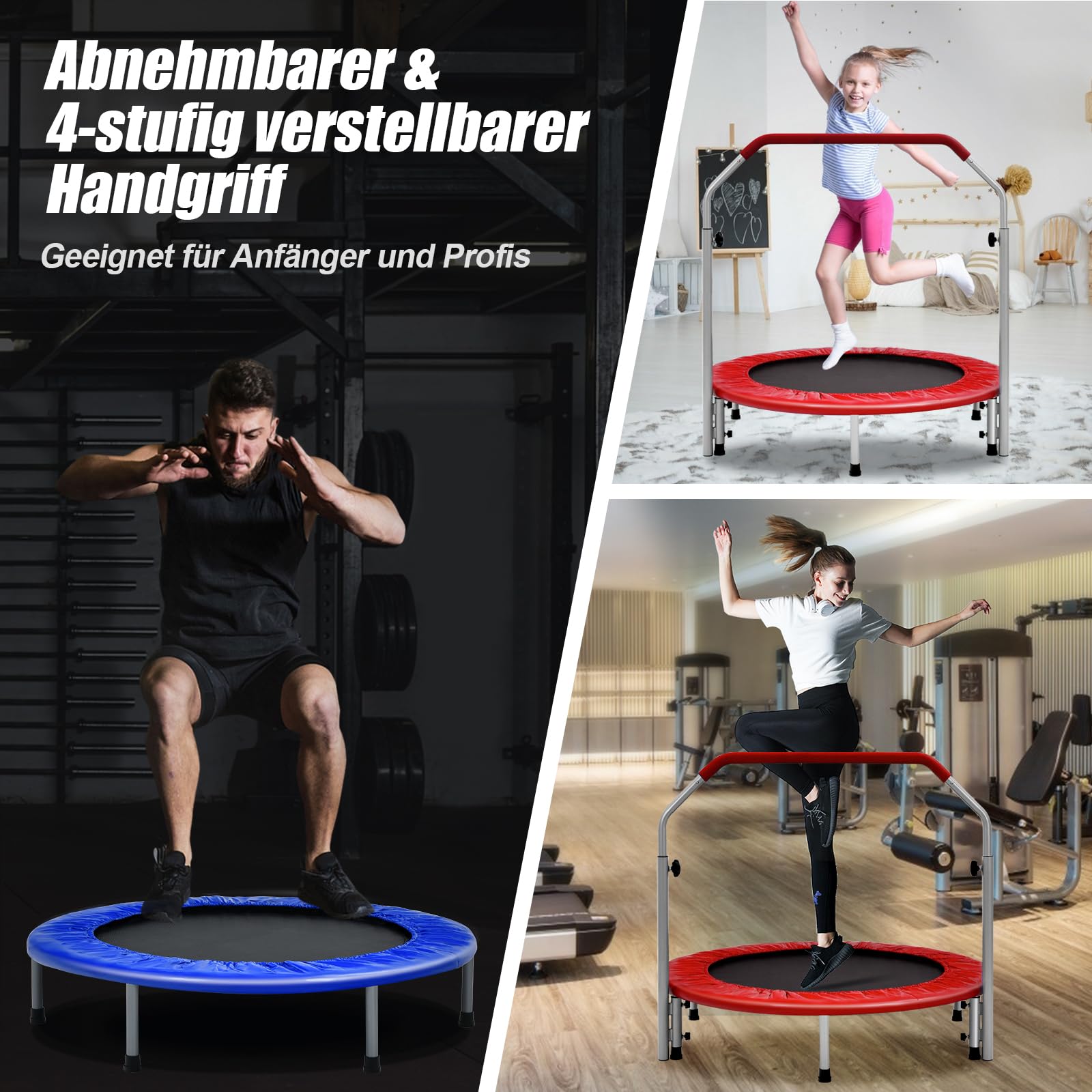 GYMAX Trampolin Fitness Adultos de 101 cm, Cama Elastica Fitness con Asa Ajustable de 4 Niveles, Carga máxima de 150 kg, Mini Trampolín Plegable para Interiores