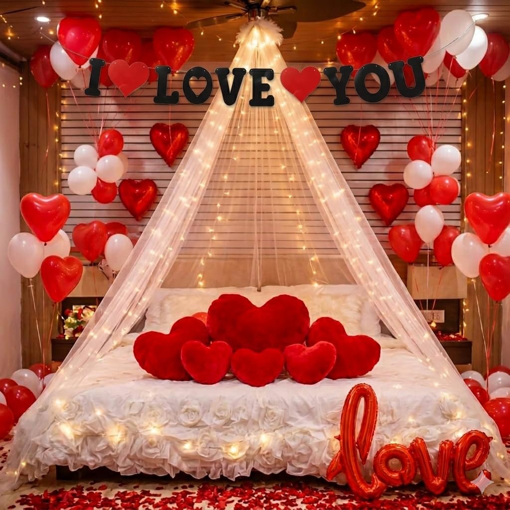 47 Pcs Romantic First Night Decoration Kit for Bedroom with Love Foil, Red Heart Balloons, Canopy Tent, Valentine & Honeymoon Room Decoration Set for Couple-image-33