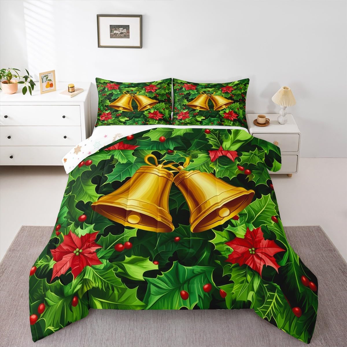 Erosebridal Gold Bell Comforter Set Queen Size Holly Berries Bedding Set for Kids Boys Girls Plants Green Leaves Xmas Comforter Merry Christmas Red Quilt Bedroom Decor