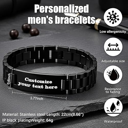 Miniatura 2 de Pulseras personalizadas de acero inoxidable para hombre, pulsera con nombre grabado, impermeable, ajustable, regalo personalizado para él, marido