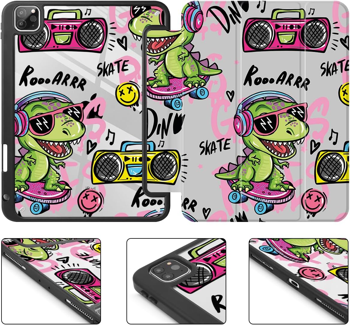 Mektron Case for iPad Pro 11 inch (4th, 3rd, 2nd & 1st Gen) 2022 2021 2020 2018, Buit in Pencil Holder with Shockproof Cover Clear Shell + Trifold Stand + Auto Wake/Sleep, Cool Dinosaur