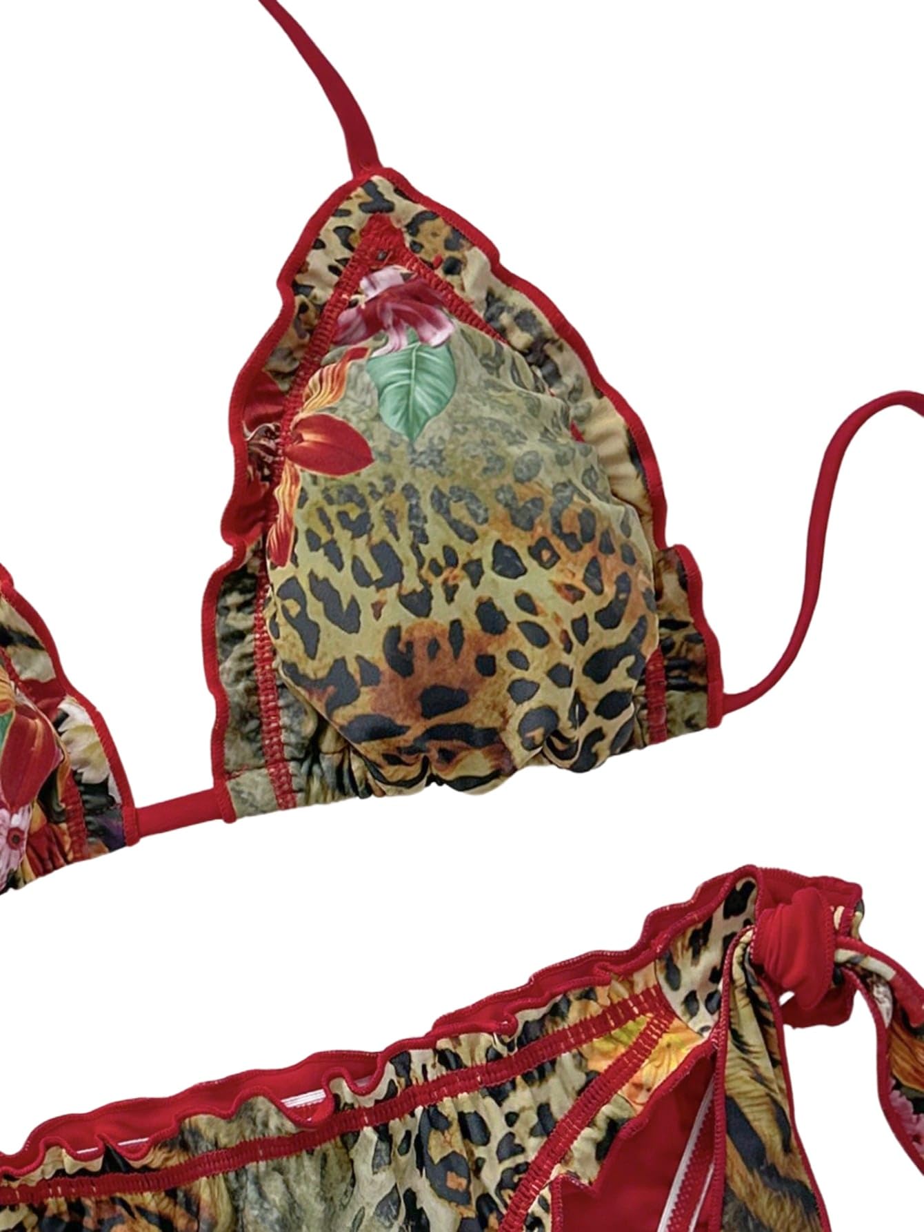 GORGLITTER Bikini da donna a triangolo, costume da bagno in due pezzi, con allacciatura al collo, costume da bagno leopardato, costume da bagno estivo, per vacanze e spiaggia