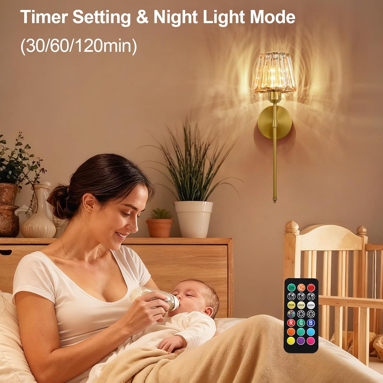 Battery Operated Crystal Wall Sconce Set of 2, Amber Rechargeable Wireless Wall Sconces with Remote Dimmable 12 Colors Modes Led Wall Lights for Bedroom Living Room Hallway, 2 Bulbs Included