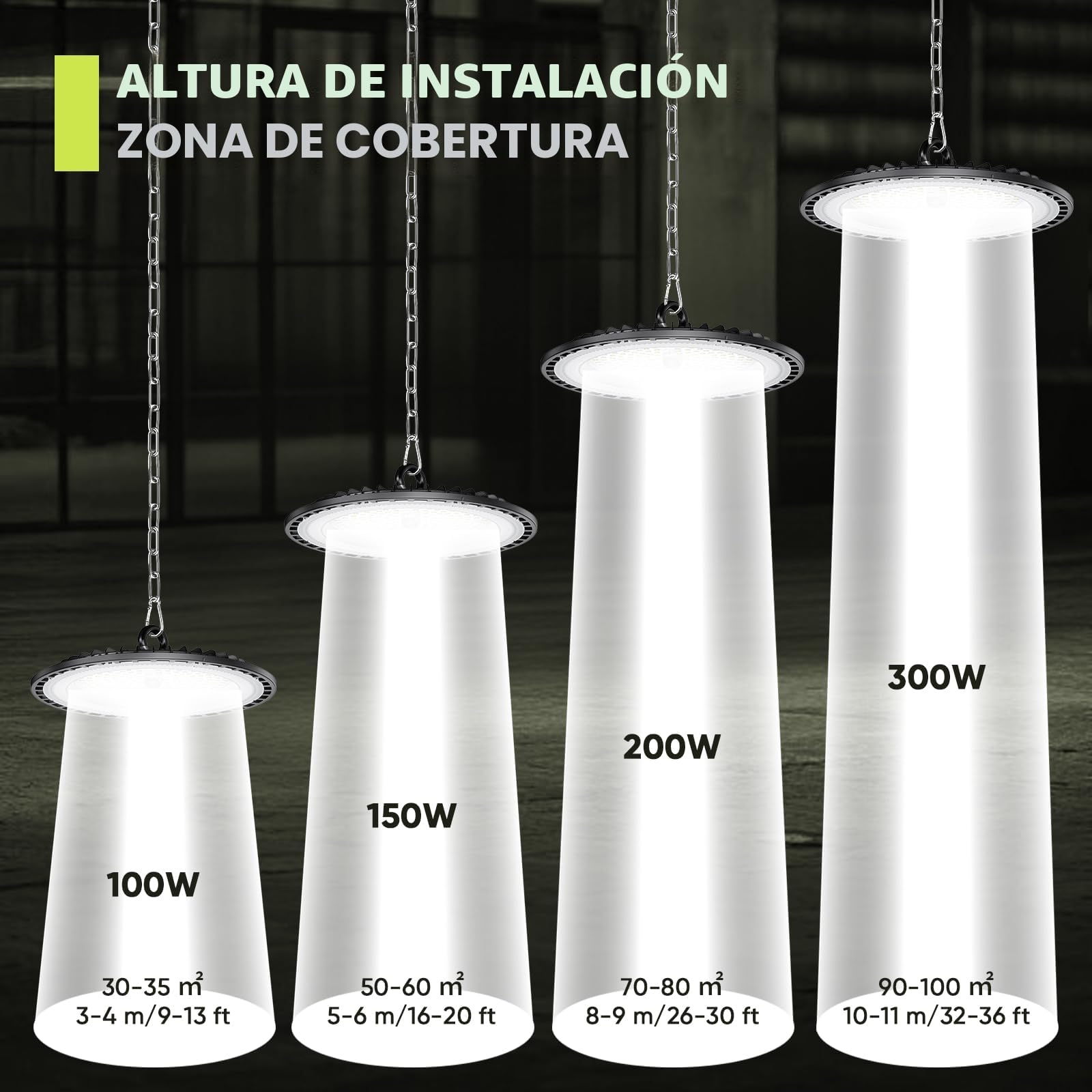 4 Pack 100W UFO LED Lámpara de Alta Bahía, 15000LM Focos Led Interior Techo, 6000K Blanco Frío Iluminación de Almacén, IP65 Impermeable Lampara Industrial Para Patio, Garaje, Fábrica, Taller
