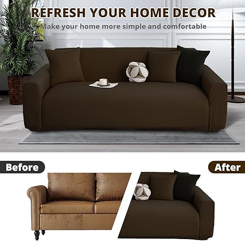 Miniatura 3 de Funda elástica impermeable para sofá con reposabrazos, funda protectora contra manchas con forro (café, 2 asientos (57 a 70 pulgadas)