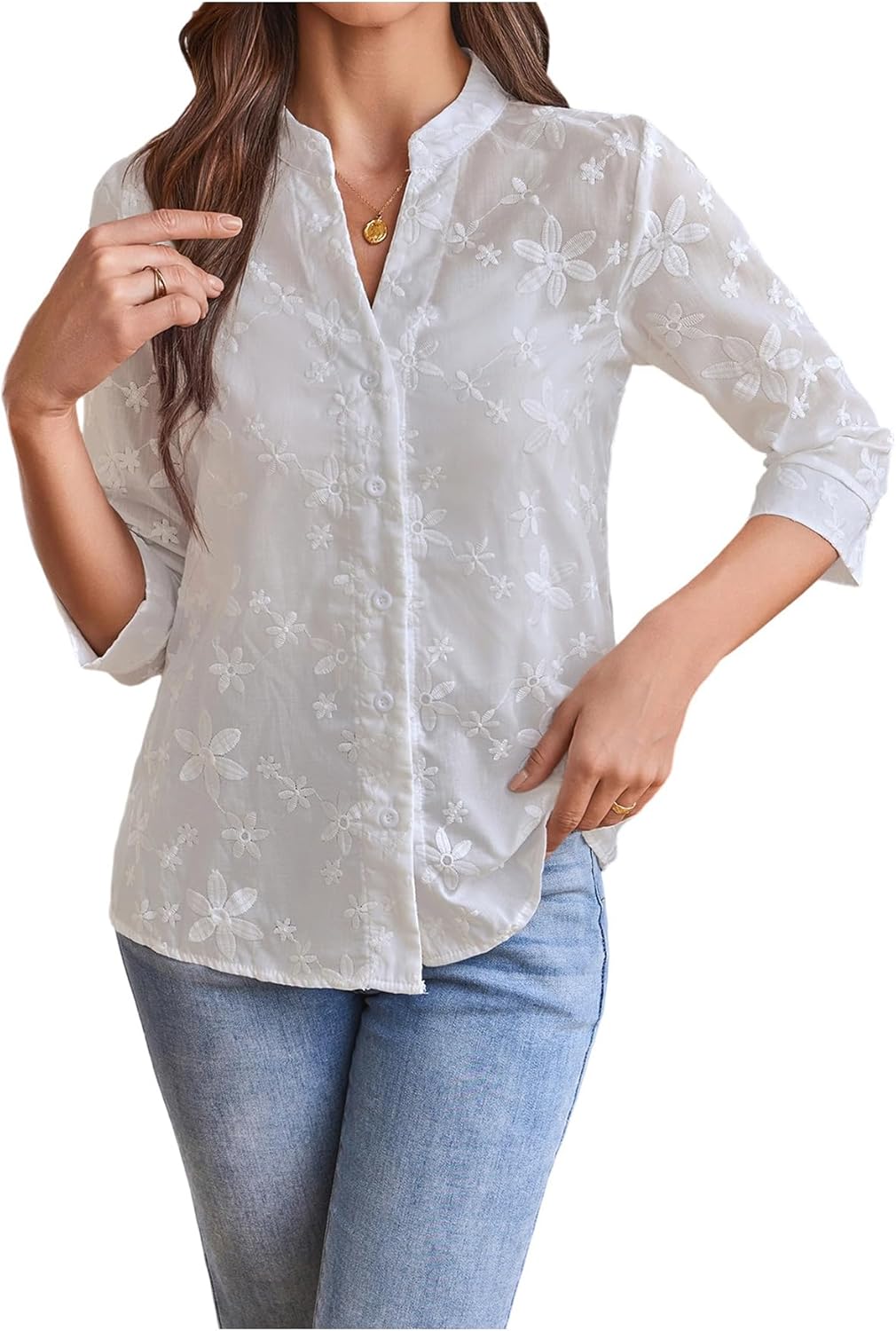 SweatyRocks Women's Floral Button Down Shirts Blouses V Neck 3/4 Length Sleeve Tops Business Outfits