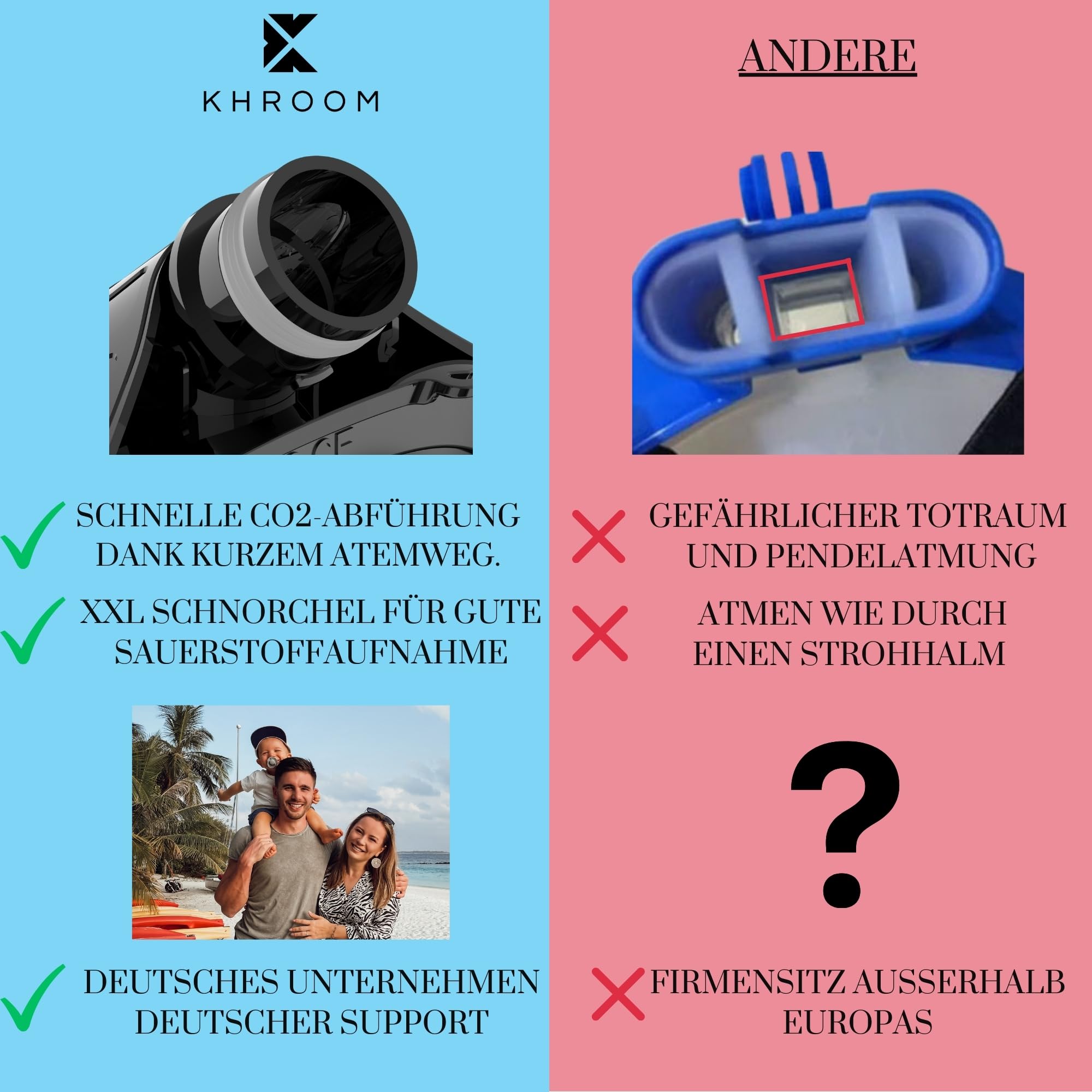 Khroom Schnorchelmaske Erwachsene & Kids ab 3 Jahre | CO2 sicher | Vollgesichtsmaske mit Easy-Breath System | Schnorchelset Alternative | Seaview Y Tauchmaske Schnorchelmaske Kinder