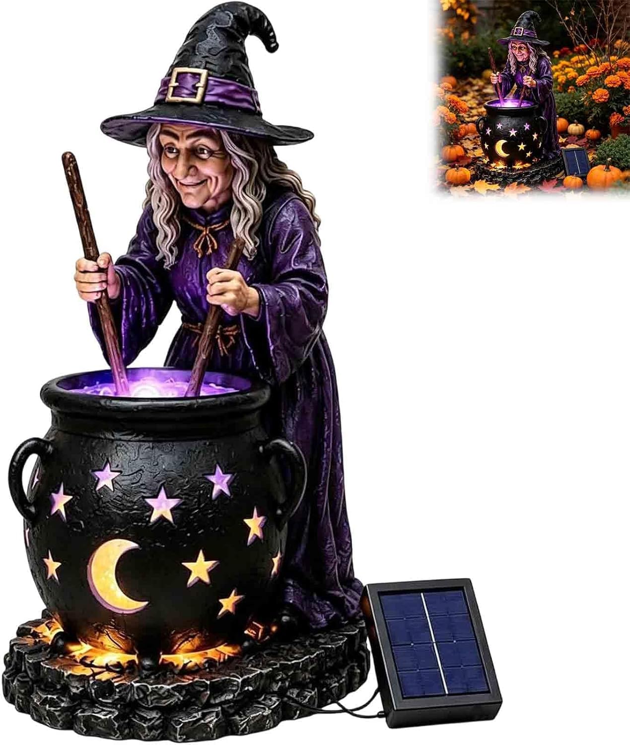Solar Witch and Glowing Cauldron Halloween Garden Light