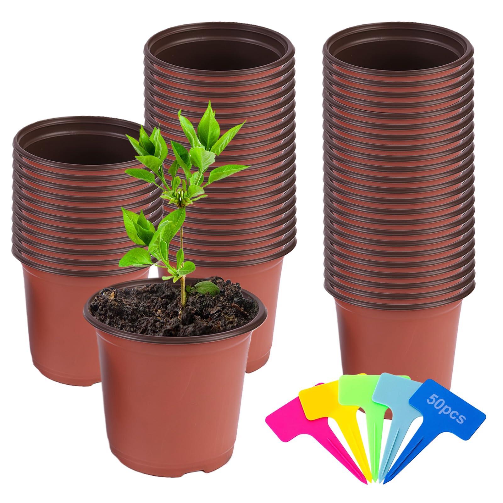 ANBET 102 Pcs Plastic Plant Pots, Seedling Pots with Drainage Holes, 9CM Plant Pots & 50 Pcs Plants Labels Small Plant Pots for Seedlings Flowers, Vegetable, Succulent Vegetable