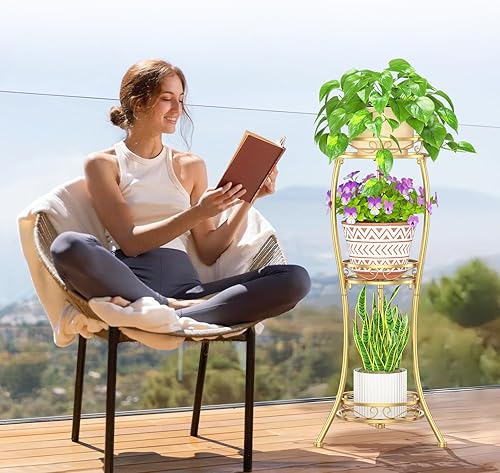 Miniatura 9 de LASZOLA Soporte dorado de 3 niveles para plantas de interior y exterior, soporte grande de múltiples niveles para macetas de flores, estante