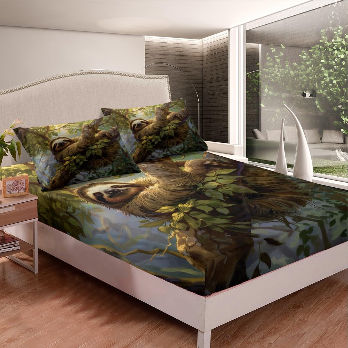 Erosebridal Cute Sloth Bed Sheets 3D Cartoon Sloth Fitted Sheet Full Size, Jungle Woodland Animal Bedding Botanical Plants Sheet, Tree Branches Leaves Bed Cover (Deep Pocket)