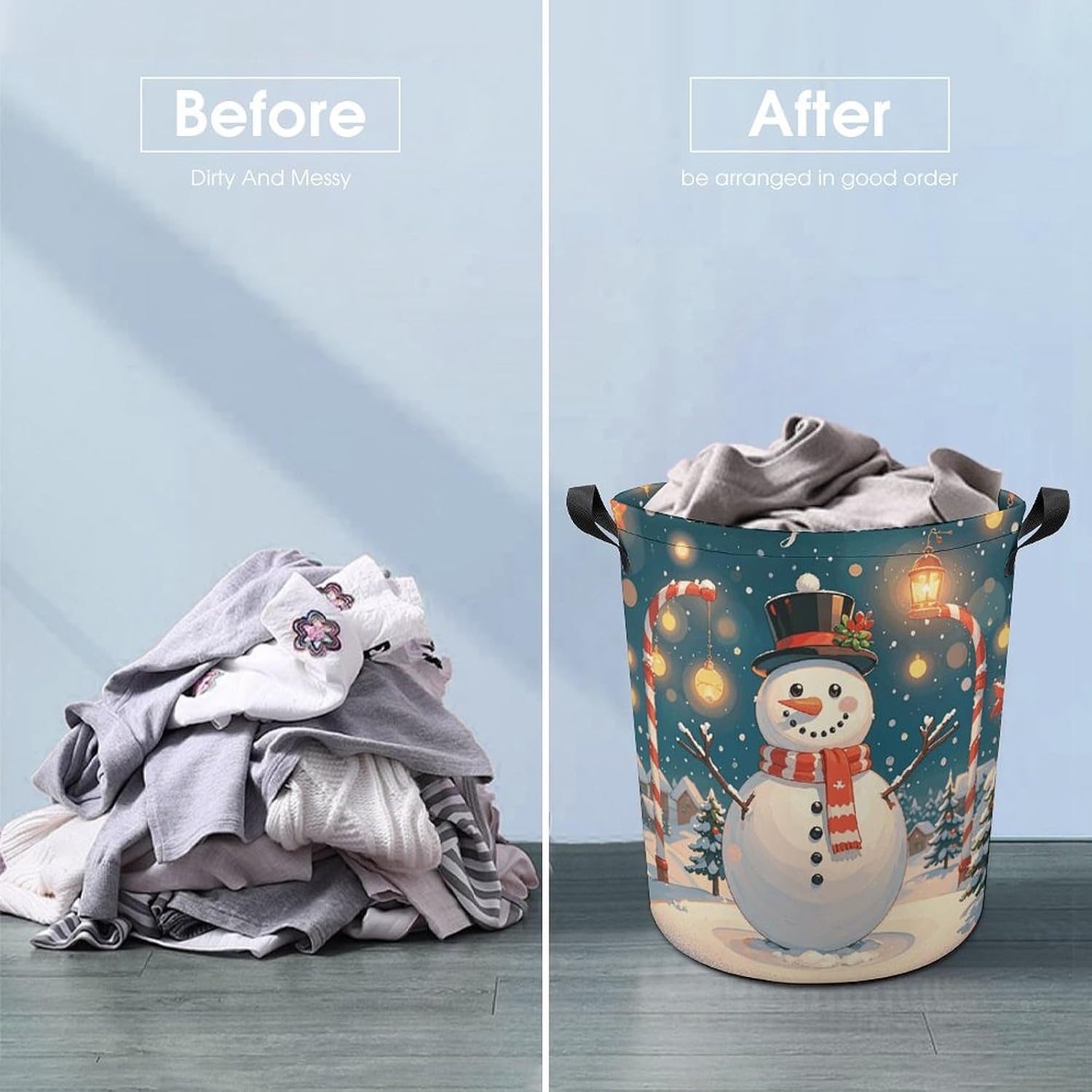Laundry Baskets with Handles Dirty Clothes Basket Storage Basket Merry Christmas Lovely Snowman Printed Dirty Clothes Bin for Living Room Storage Basket