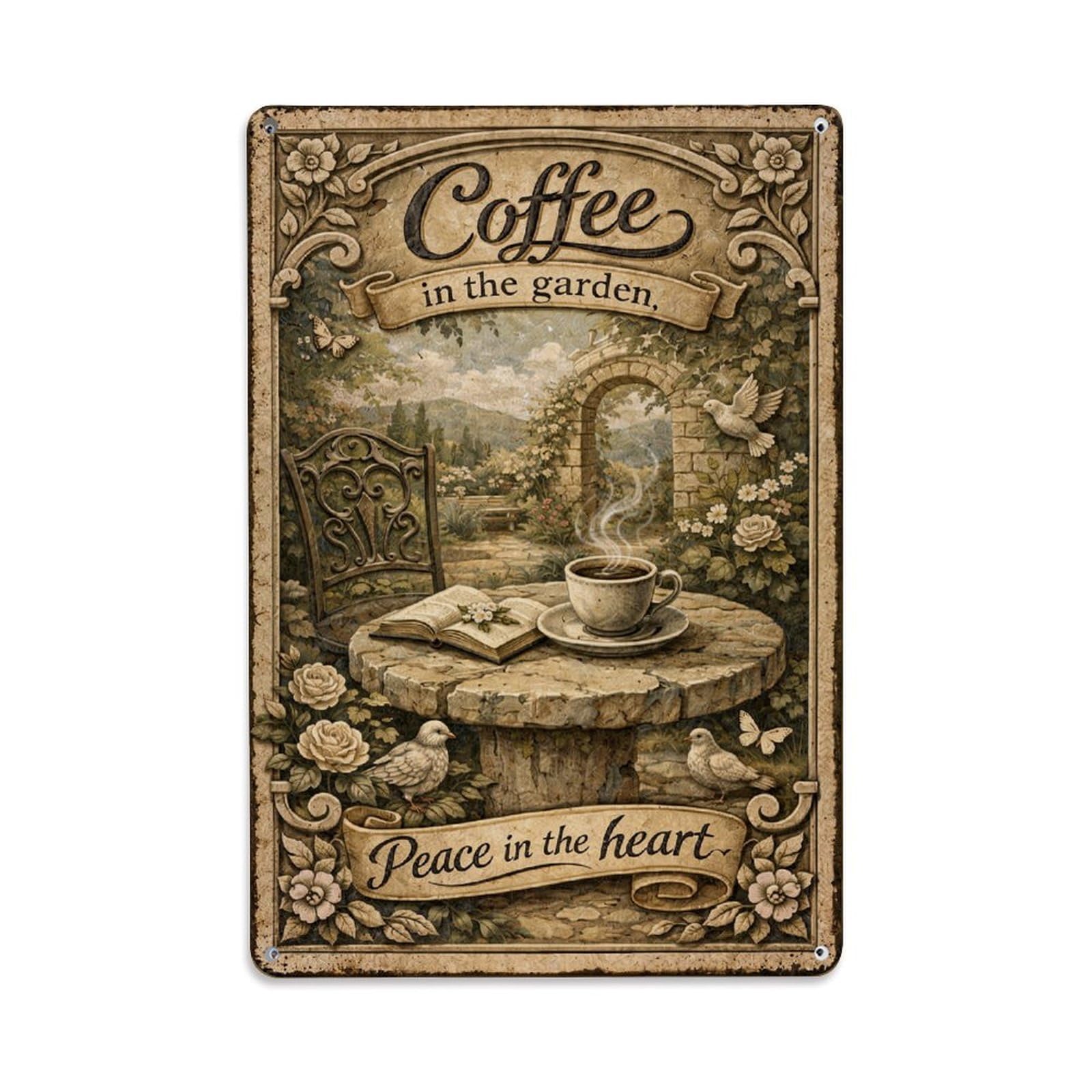 Jdfenggu Vintage Coffee In The Garden Scene Retro Metal Tin Sign, Metal Poster For Bar, Home, Man Cave, Kitchen, Laundry Room Art Decor 8X12 Inch