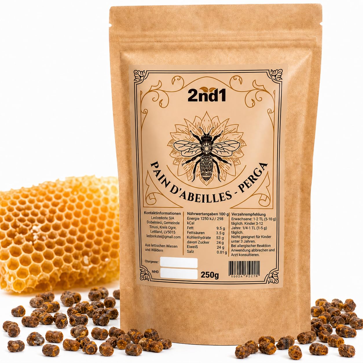 2nd1 Pain d'abeille Perga, Pollen Fermenté par Apiculteur en Lettonie, 250g | Source de vitamines, minéraux et acides aminés. Goût prononcé, légèrement amer – idéal dans muesli ou yaourt, pas seul.