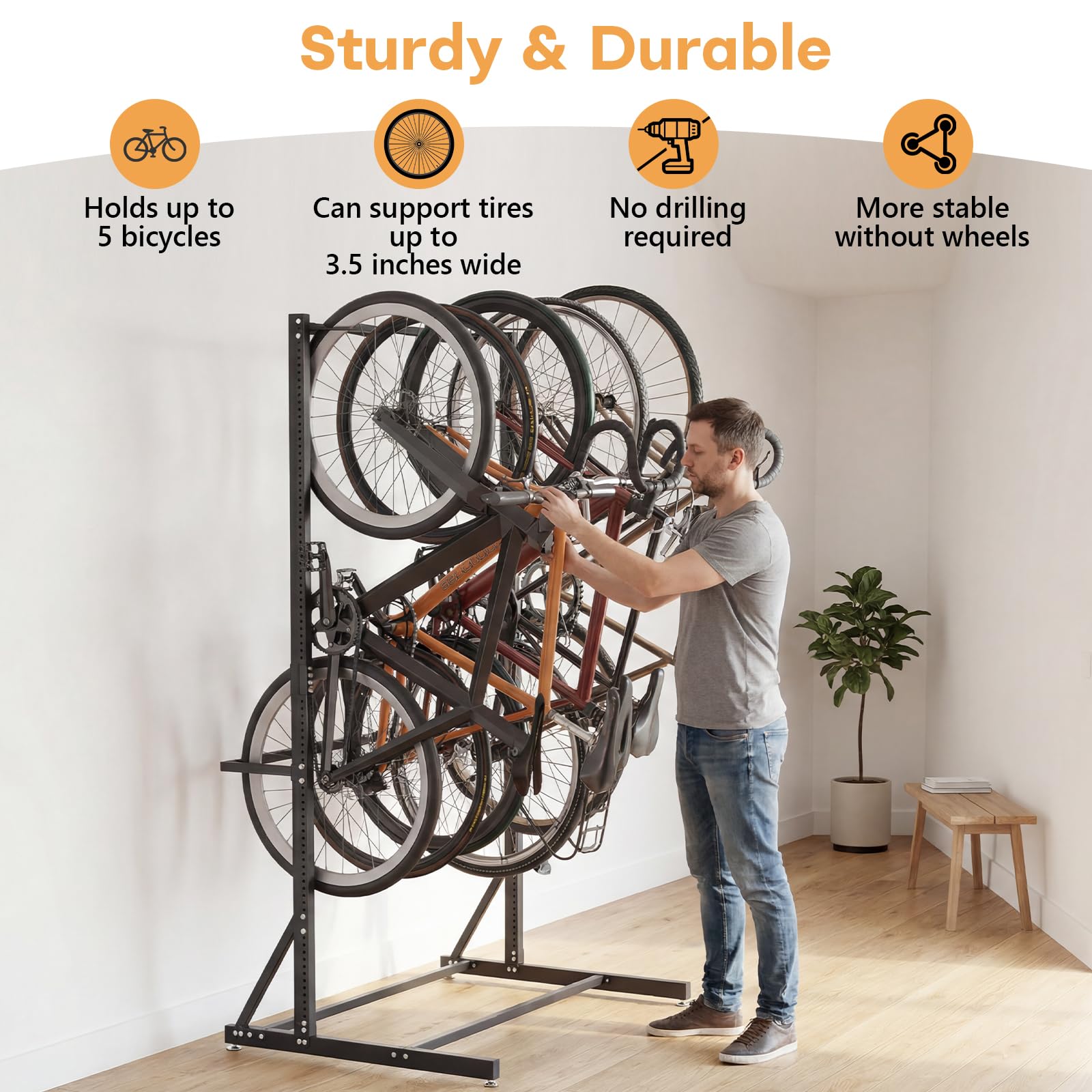 Portabici Garage per 5 Biciclette, Portabici Verticale in Acciaio al Carbonio Capacità di Carico max 136 kg, Portabici da Terra Universale per Rangement Casa, Interno o Garage