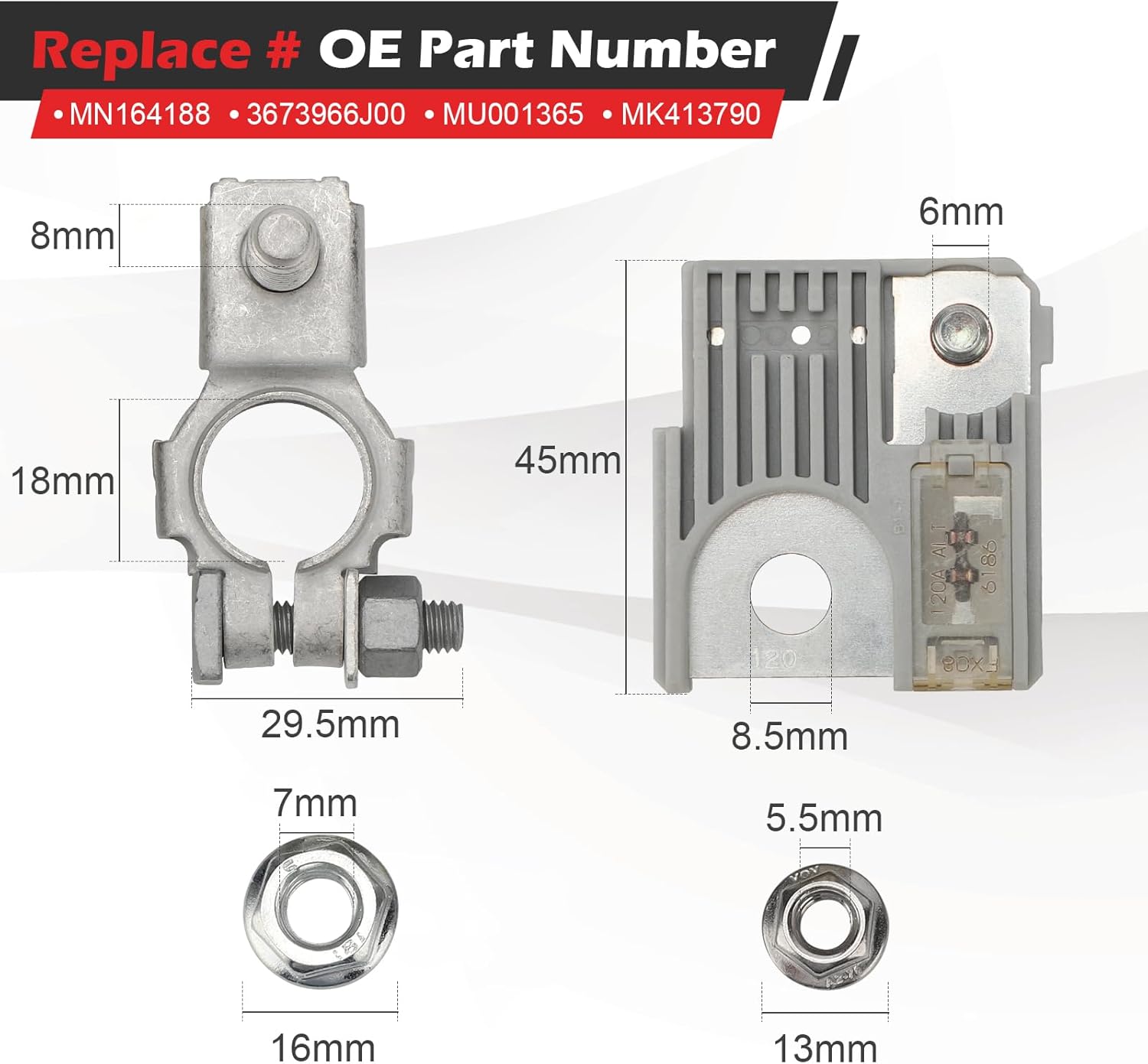 MN164188 3673966J00 120Amp Positive Battery Terminal & Battery Fuse Fuselink Compatible with Mitsubishi Chrysler Suzuki OE# MU001365 MK413790 (3673966J00, 1PCS)
