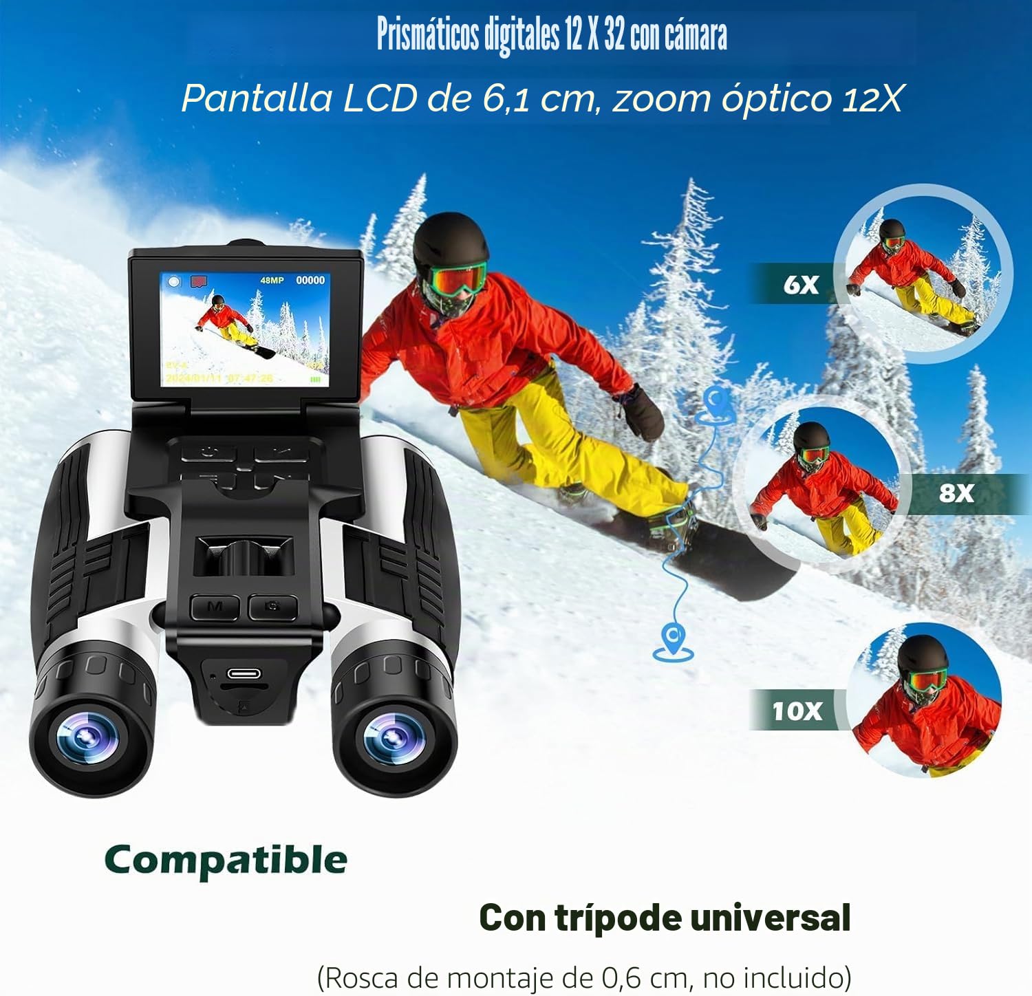 Prismáticos digitales LCD de 2.4 pulgadas con cámara, grabación de video de 48 MP y 2.5 K, óptica de 12 x 32, zoom digital 8X para observación de aves, caza, conciertos y deportes, incluye tarjeta de