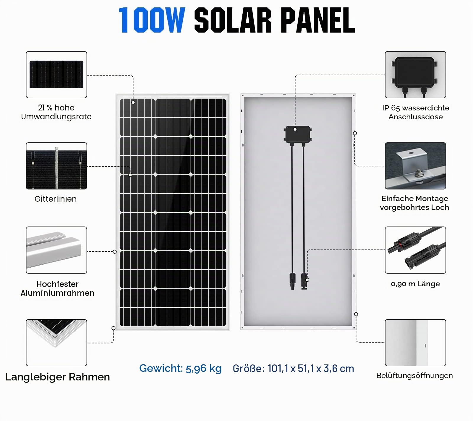 ECO-WORTHY 100W 12V Solarpanel-Kit mit Solarladeregler & 5m Solarkabel & Z-Halterungen für Wohnmobil