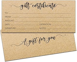 Blank Gift Certificates for Business - 25 Rustic Gift Certificate Cards with for Spa, Salon, Restaurants, Custom Client Vouchers for Birthday, 4x9 Inches Work Gift Card (Kraft Design)