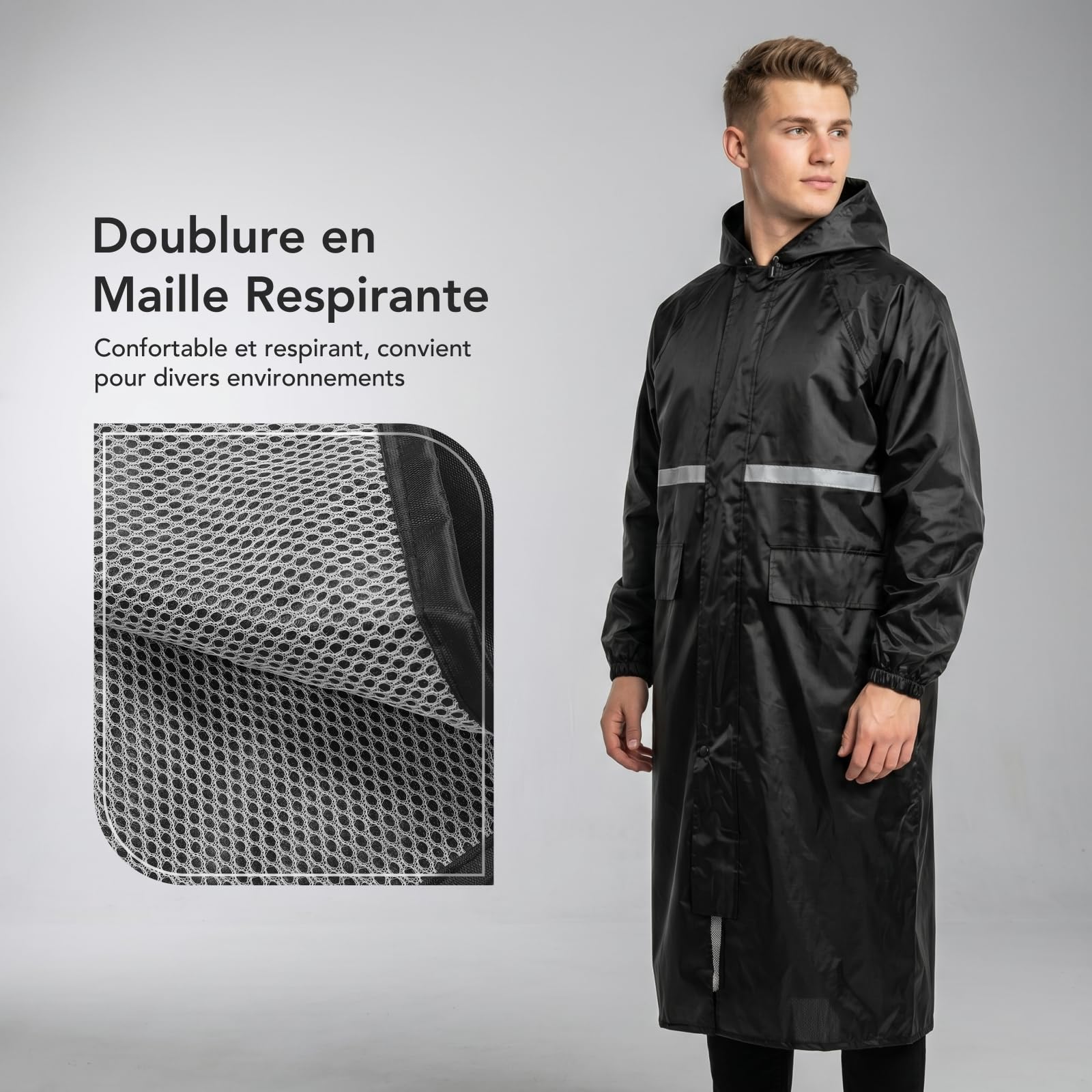 TOMSHOO Poncho de Pluie Homme Imperméable, Manteau de Pluie Long Réutilisable avec Capuche, Bandes Réfléchissantes, Poches latérales, pour Camping, Randonnée, Vélo, Trottinette et Moto