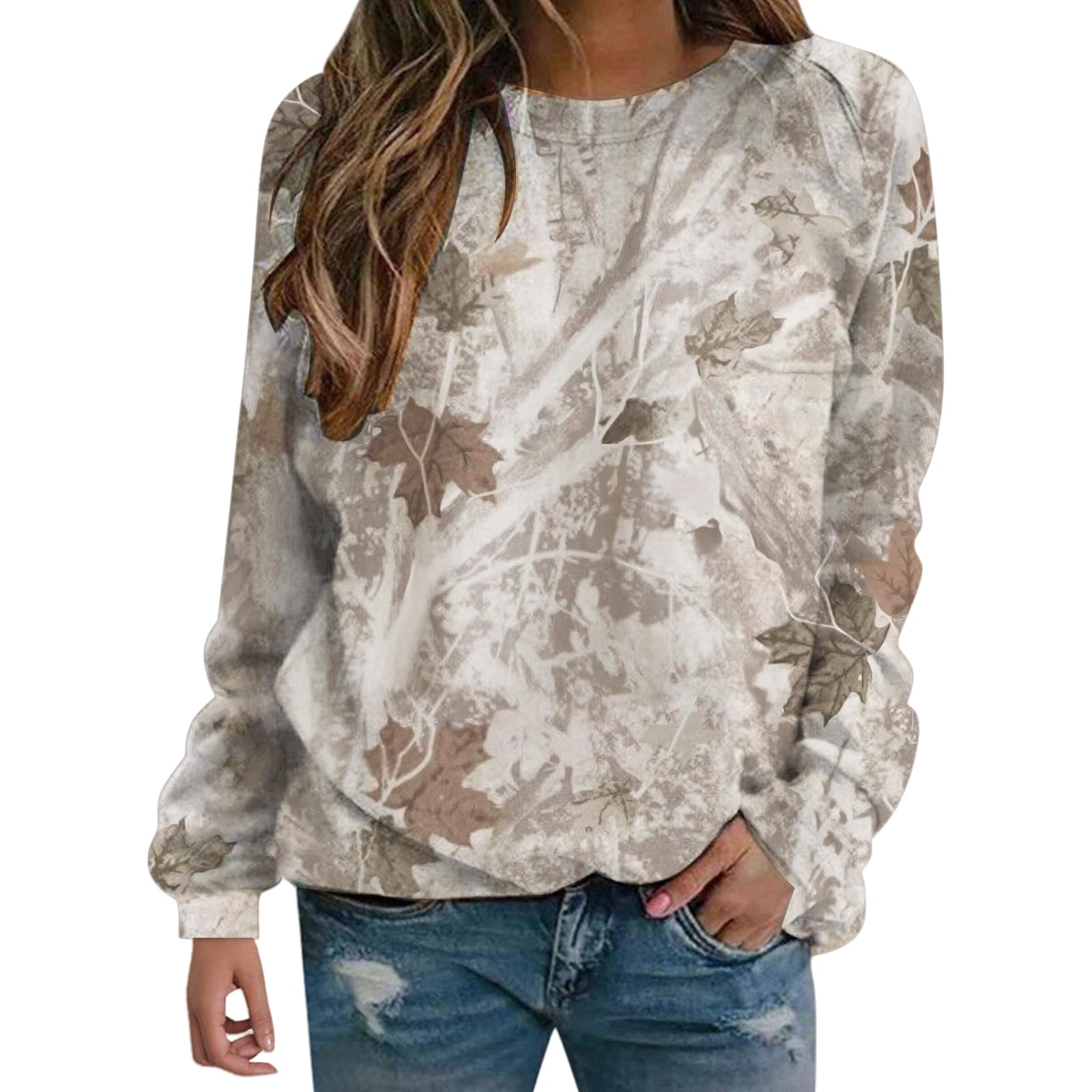 Womens Camo Sweatshirt Maple Leaf Print Shirt Crewneck Pullover Tops Long Sleeve Loose Fit Shirt Tunic Sweatshirts