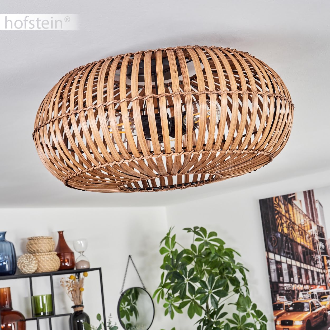 Plafondlamp Oravi, moderne plafondlamp van metaal/bamboe in zwart/roze, plafondlamp in boho-design met geweldig lichteffect aan het plafond, 40 cm, 3 lampen, 1 x E27, zonder lampen
