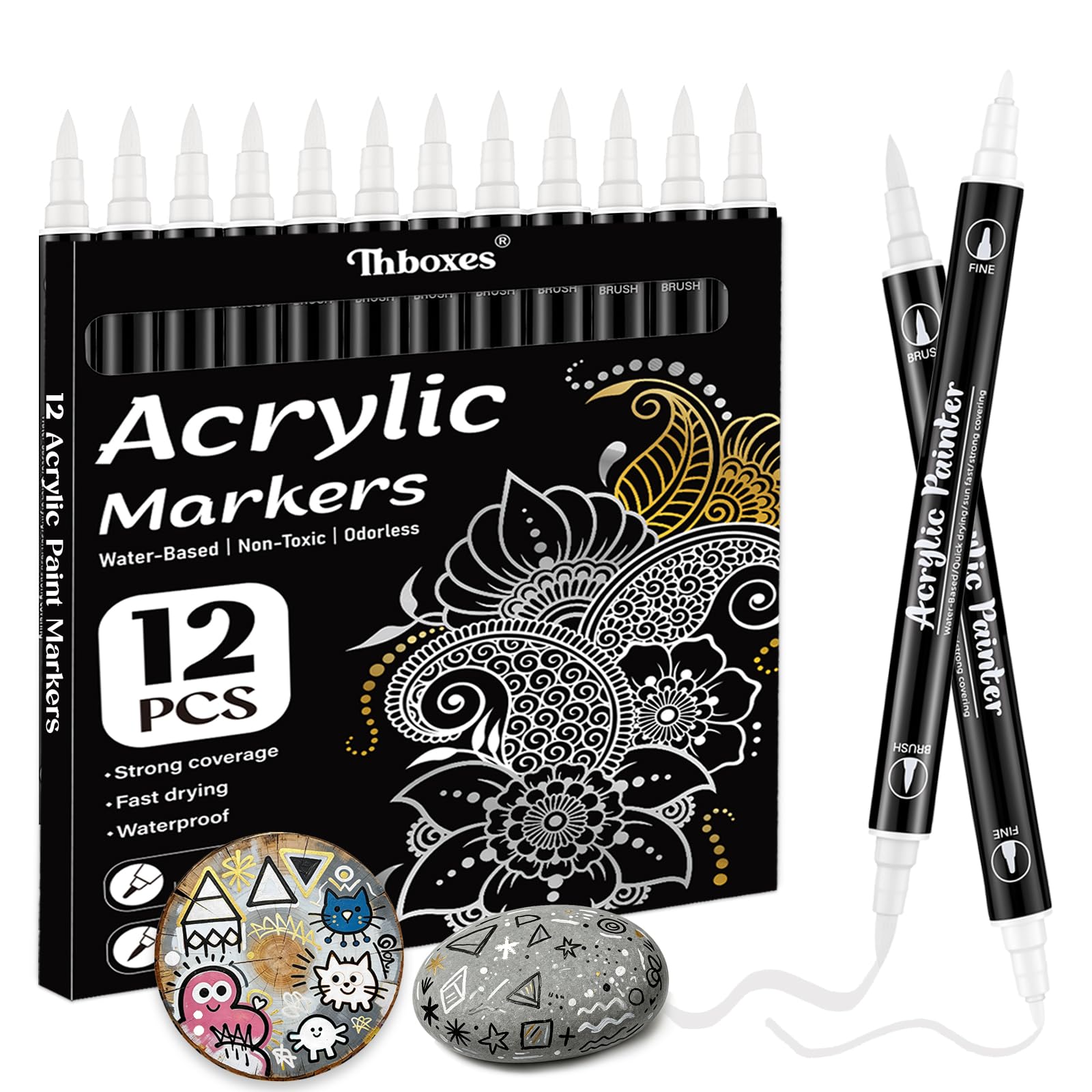 Thboxes White Acrylic Paint Pens, Dual Tip Markers, 12 Pack, Waterproof
