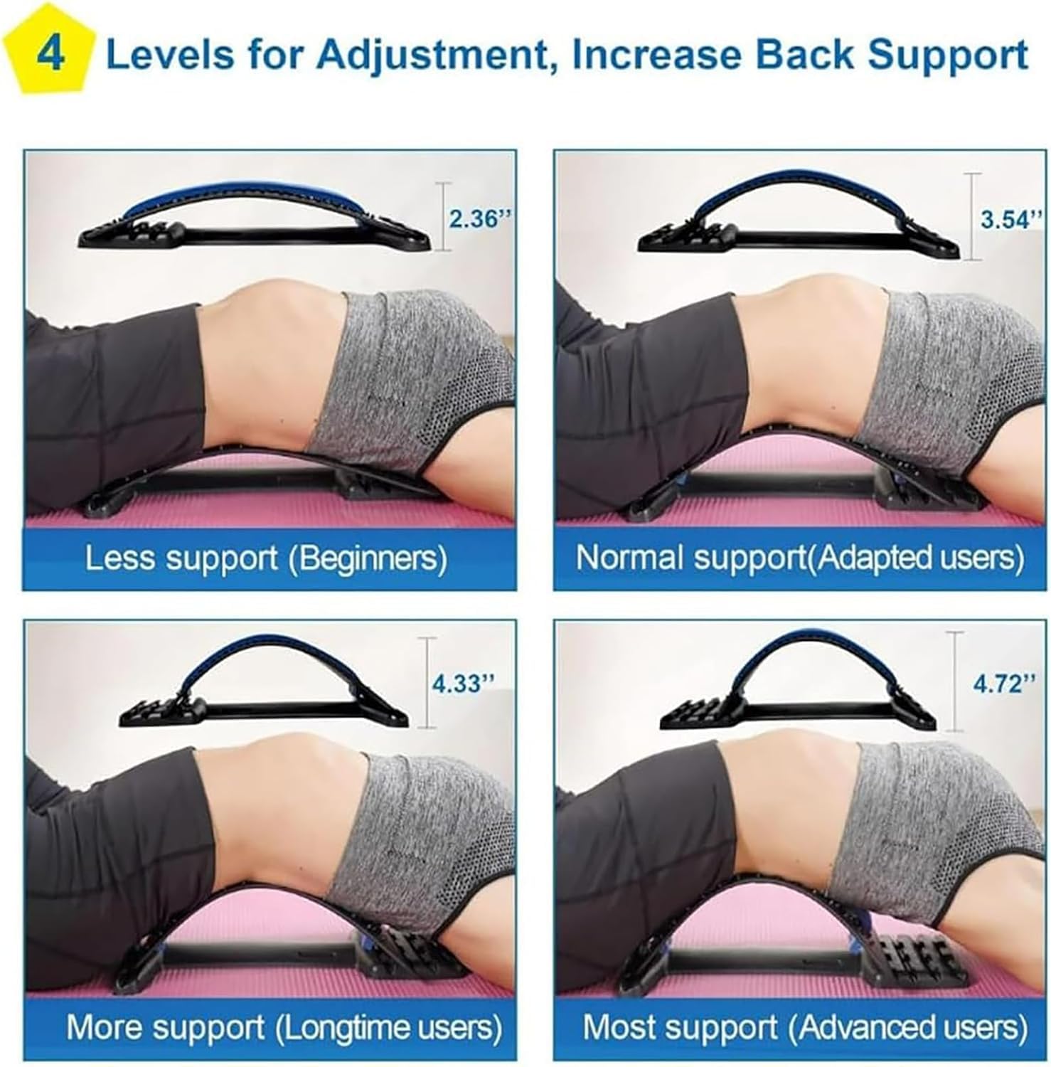 Planche de Soutien Lombaire Ajustable 4 Niveaux, Étireur Lombaire pour Posture Améliorée, Support Ergonomique Bleu