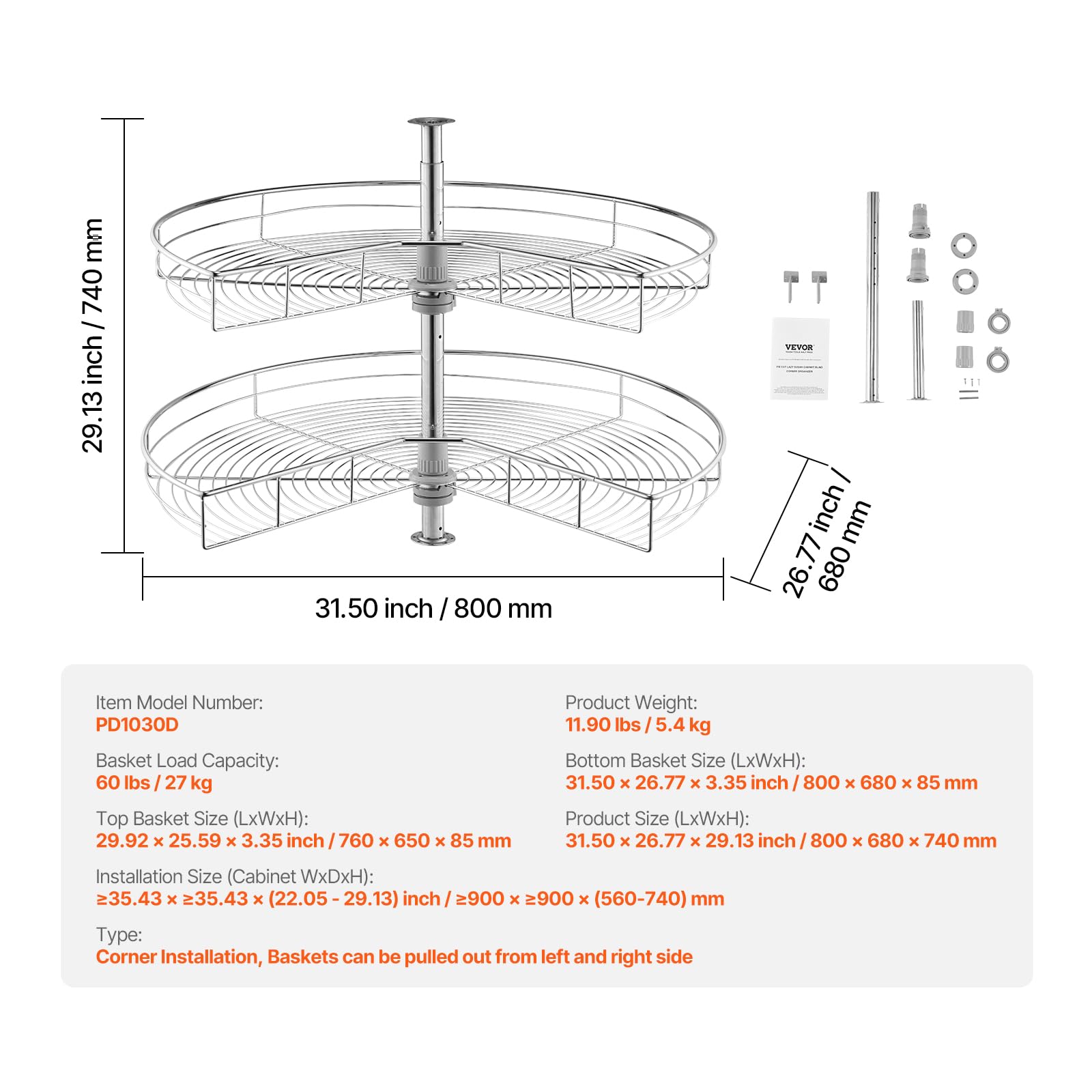 VEVOR Plateau Tournant pour Meuble d'Angle 80 cm 2 Niveaux, Tourniquet de Cuisine Rotatif à 360°, Étagère Pivotante pour Placard d’Angle Réglable en Hauteur, en Acier au Carbone, Rangement Cuisine