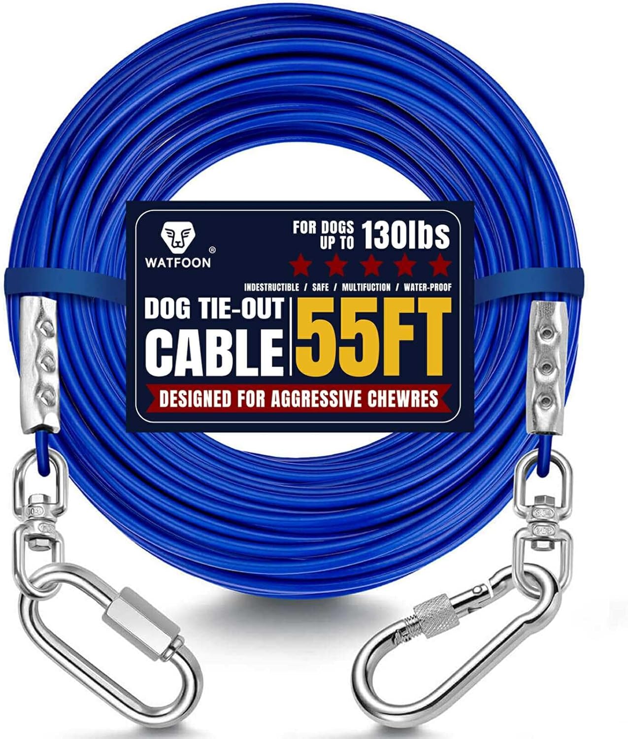 WATFOON Dog Leads for Yard 35ft 45ft 55ft 65ft 75ft Tie Out Cable Runner Steel Tie-Out Heavy Duty Tether Chew Proof Long Dog Chains for Outside, Camping,Park (Blue, 55ft)