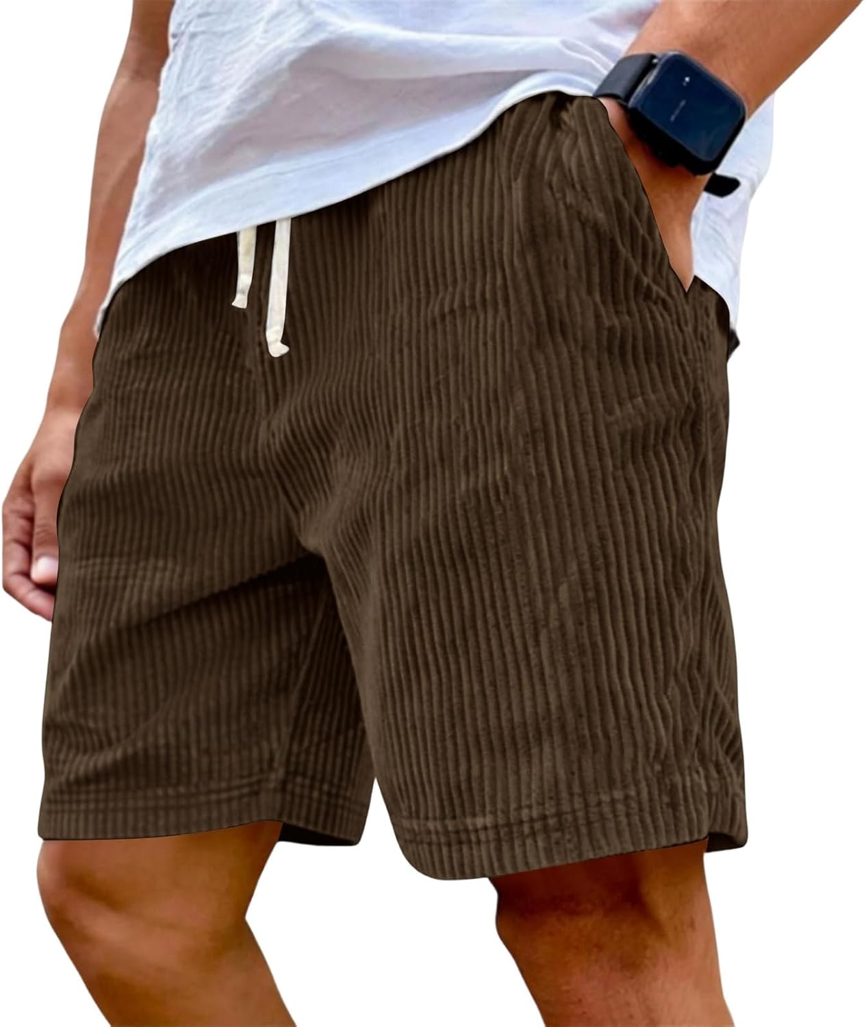 Ymosrh Men's Casual Shorts Drawstring Corduroy Beach Workout Gym Active Shorts with Pockets M-3XL