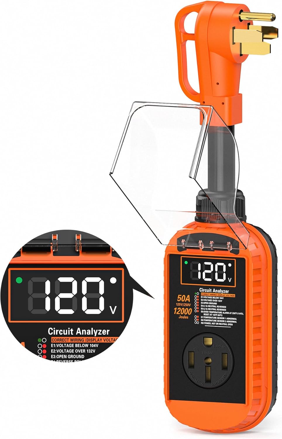 Smart 50 Amp RV Surge Protector with Auto Shutoff & Reset, 12,000J RV Surge Protector 50 Amp with LED Display, Voltage & Temperature Protection, IP67 Waterproof