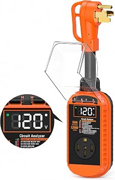 Docusvect Smart 50 Amp RV Surge Protector with Auto Shutoff & Reset, 12,000J RV Surge Protector 50 Amp with LED Display, Voltage & Temperature Protection, IP67 Waterproof