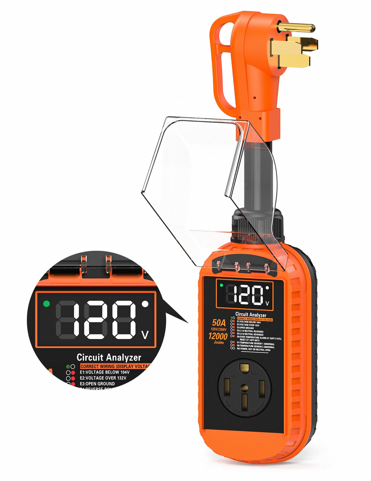 Smart 50 Amp RV Surge Protector with Auto Shutoff & Reset, 12,000J RV Surge Protector 50 Amp with LED Display, Voltage & Temperature Protection, IP67 Waterproof