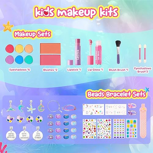 Miniatura 8 de Juegos de maquillaje para niñas  Juego de cosméticos reales lavables con fabricación de joyas para niños, kit de pulsera de maquillaje de princesa