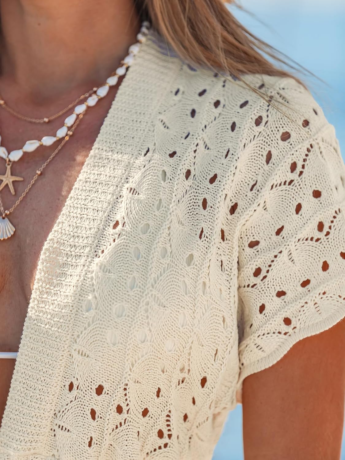 CUPSHE Women's Swimsuit Cover Up Deep V Neck Crochet Summer Mini Beach Coverup Dress for Swimwear