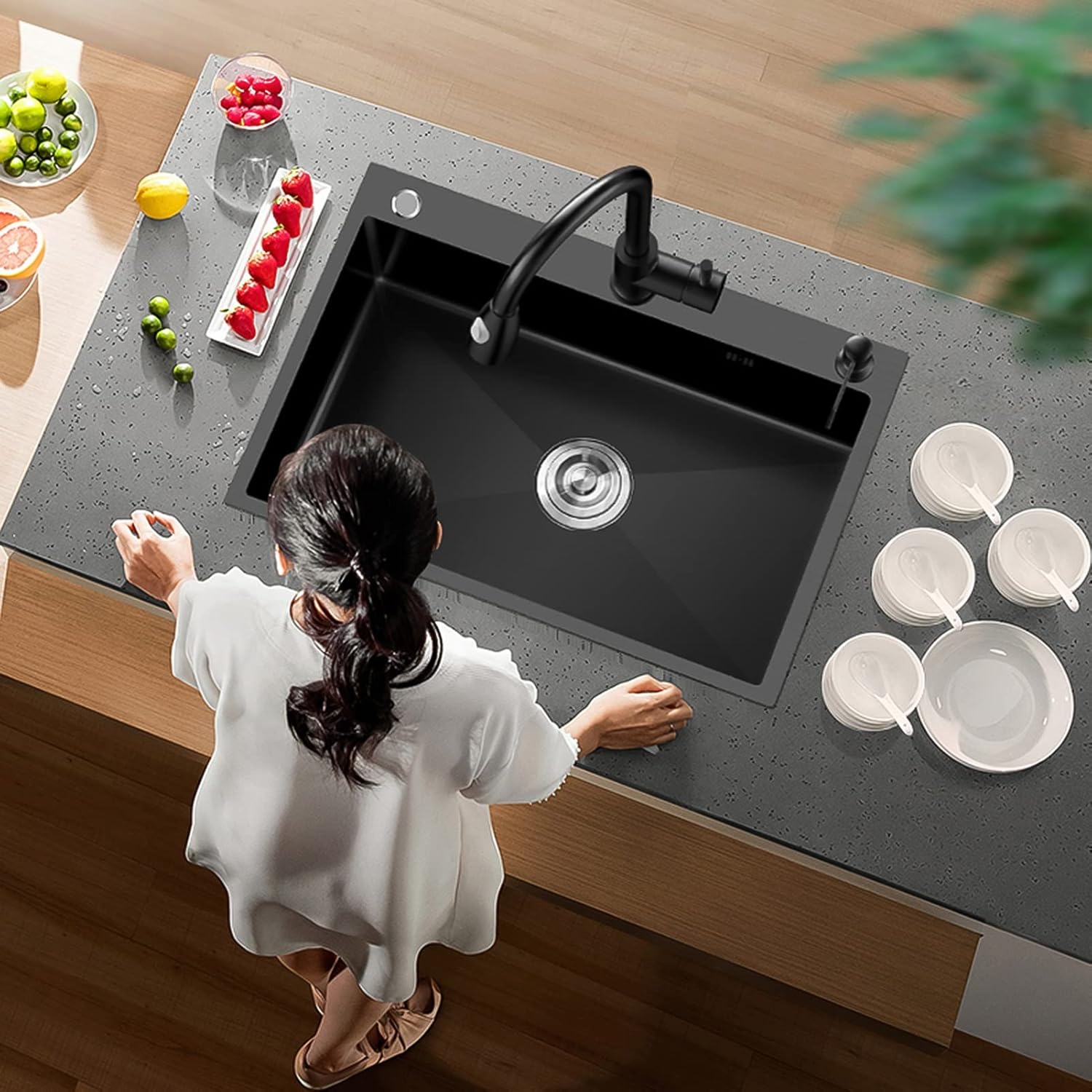 Kitchen Sink,Square with Pull-Out Faucet Bar Prep Sink, Black Grey Thickened 304 Stainless Steel Sink, Drop-in Or Undermount Installation (Black 50x40cm)