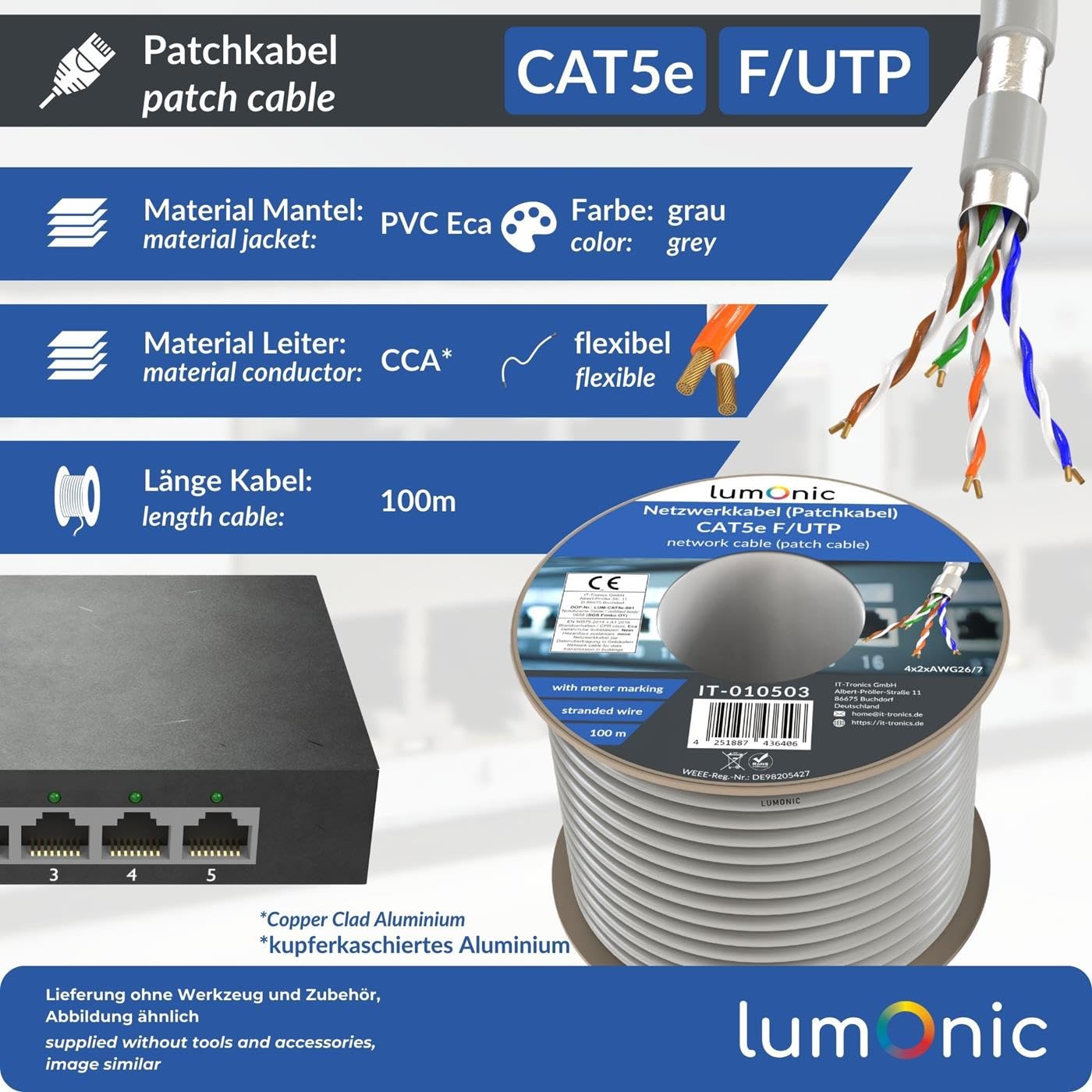 Lumonic LAN Câble de réseau 100m | LAN Câble CAT5e F/UTP | Câble Patch 4x 2x AWG26/7 (échoué) | 100MHz Gigabit Ethernet