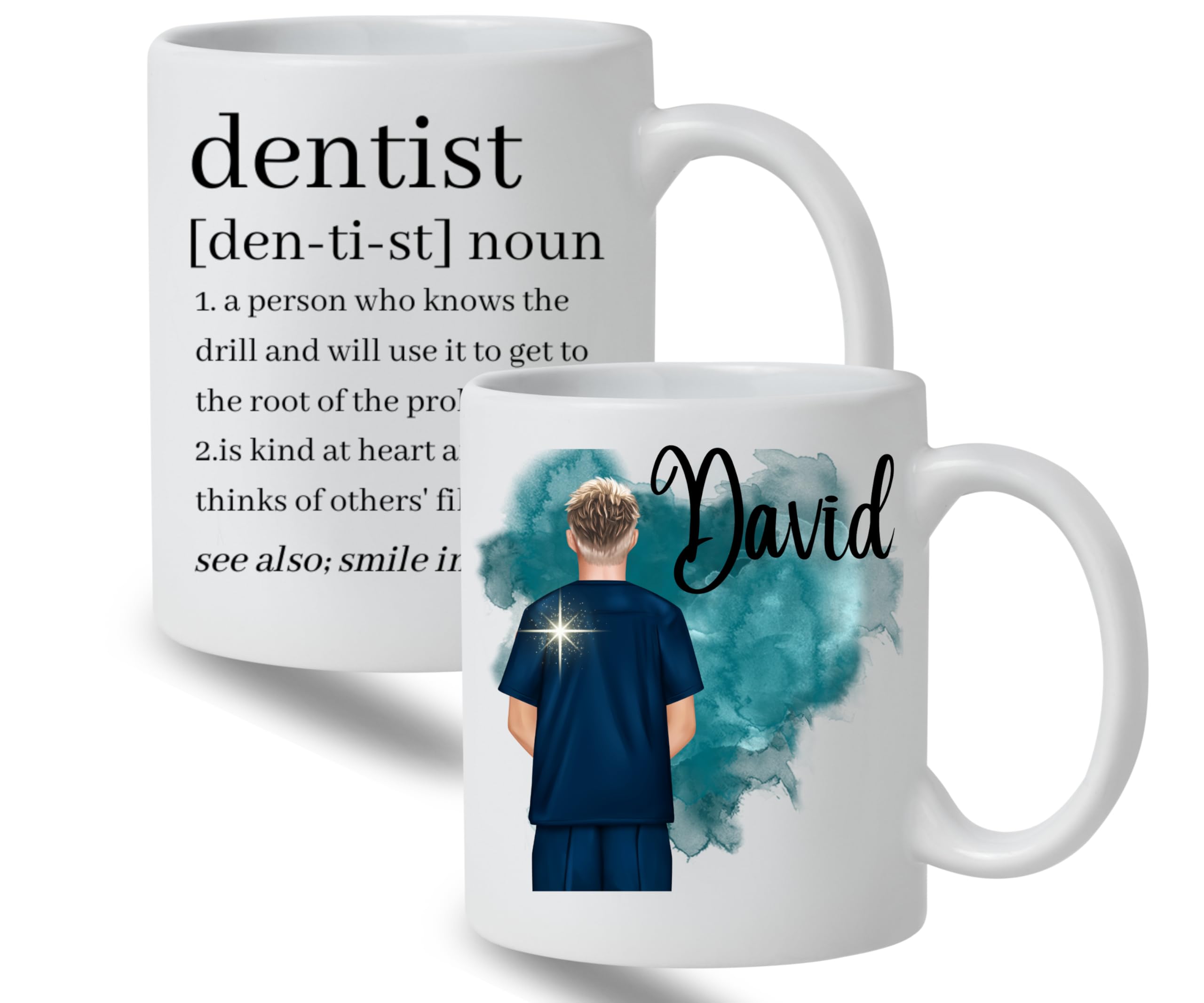 Funny Dentist Mug for Thank You, Birthday, Graduation, Christmas or Anniversary. Choice of Hairstyles, Skin and Scrubs.