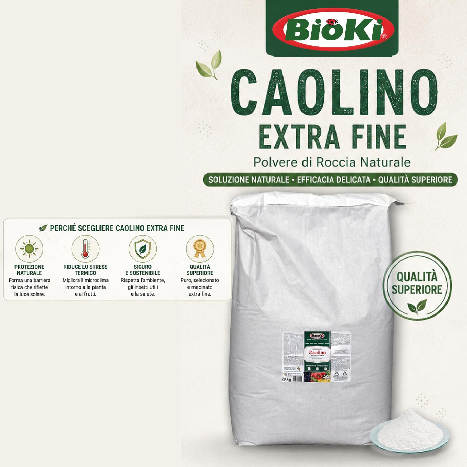 Bioki CAOLINO per Agricoltura, N.1 Busta da 20 kg, Alta micronizzazione per Insetti molesti da Applicare in frutticoltura, olivicoltura, viticoltura, floricoltura e Giardinaggio.