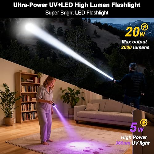 Miniatura 2 de Linterna recargable 2 en 1, linterna LED de alto lúmenes con luz UV, ultra brillante, potentes linternas de mano para acampar emergencias en el hogar
