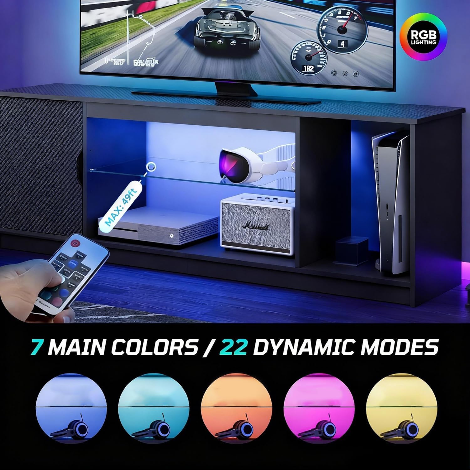 Bestier 57" LED TV Stand for 55/60/65 Inch TVs - Gaming Entertainment Center with RGB Lights, Adjustable Glass Shelves & Cabinet for PS5/Xbox, Modern Black TV Console for Living Room - Image 5