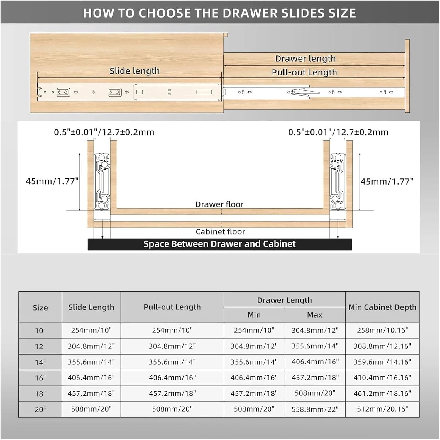 Drawer Rail 10~20Inch Stainless Steel Ball Bearing Slides Sliding Track 3-Section Full Extension Cabinet Furniture(30cmBlack2pcs(1pair))